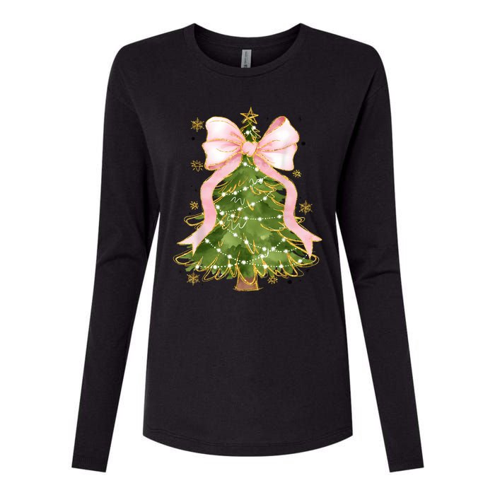 Coquette Bow Christmas Tree Xmas Holiday Girly Outfit Women Womens Cotton Relaxed Long Sleeve T-Shirt