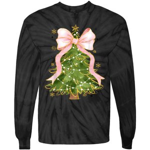 Coquette Bow Christmas Tree Xmas Holiday Girly Outfit Women Tie-Dye Long Sleeve Shirt