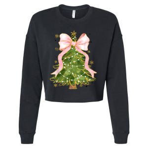 Coquette Bow Christmas Tree Xmas Holiday Girly Outfit Women Cropped Pullover Crew