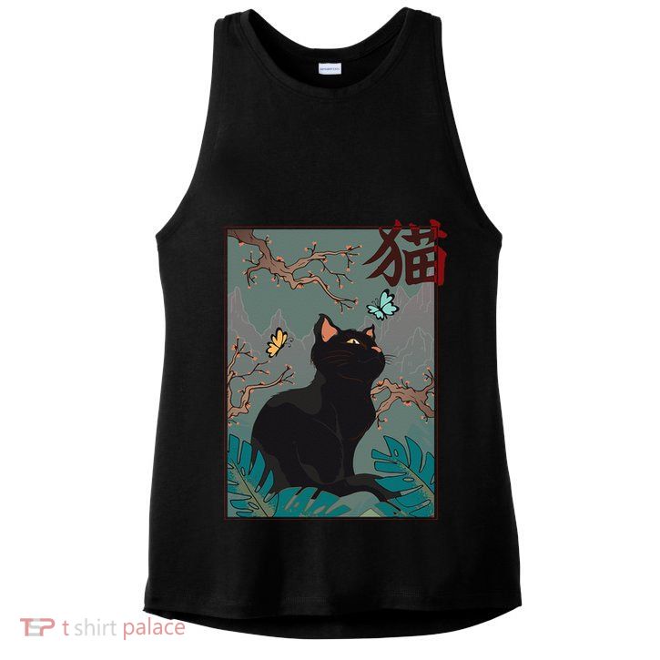 Cherry Blossom Cat Vintage Woodblock Japanese Graphical Art Ladies PosiCharge Tri-Blend Wicking Tank