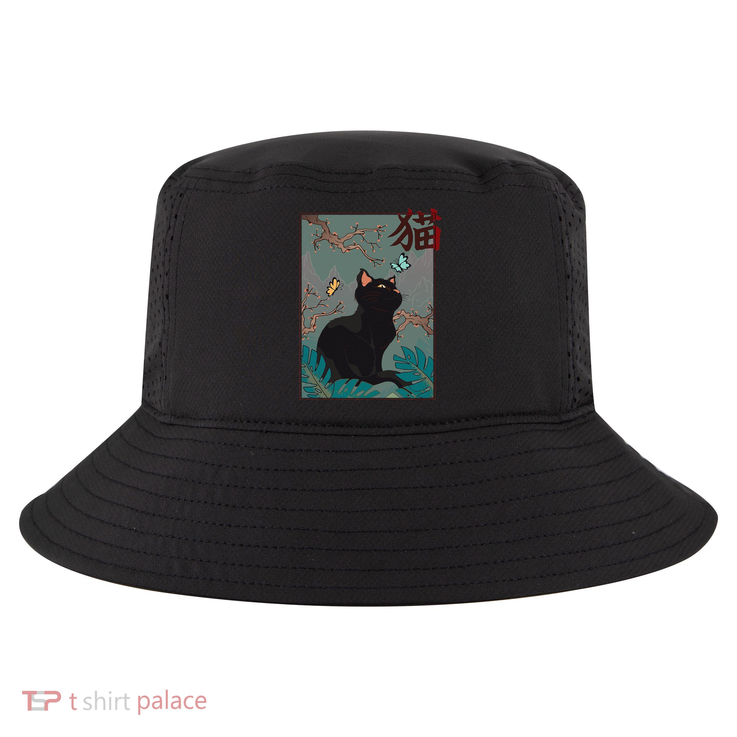 Cherry Blossom Cat Vintage Woodblock Japanese Graphical Art Cool Comfort Performance Bucket Hat