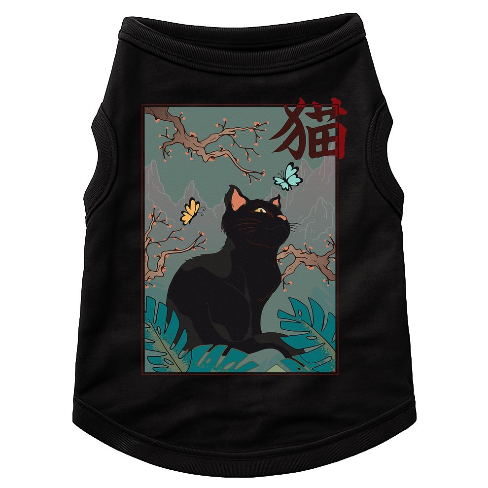 Cherry Blossom Cat Vintage Woodblock Japanese Graphical Art Doggie Tank