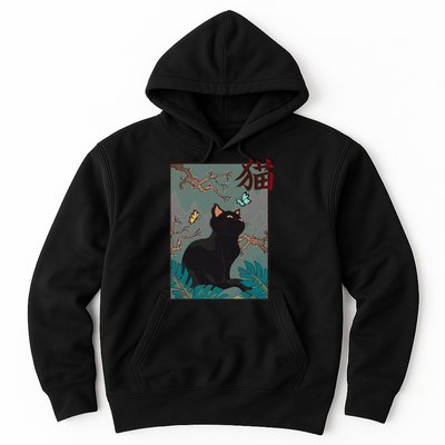 Cherry Blossom Cat Vintage Woodblock Japanese Graphical Art Hoodie