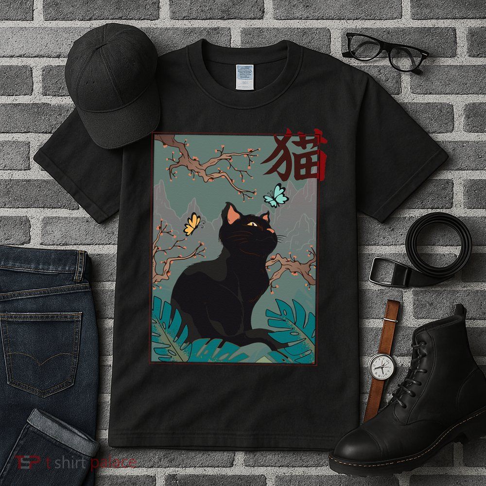 Cherry Blossom Cat Vintage Woodblock Japanese Graphical Art Tall T-Shirt