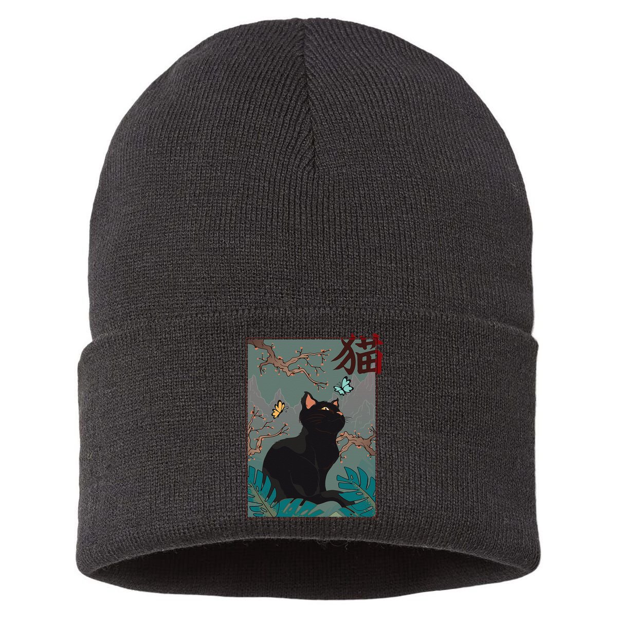 Cherry Blossom Cat Vintage Woodblock Japanese Graphical Art Sustainable Knit Beanie