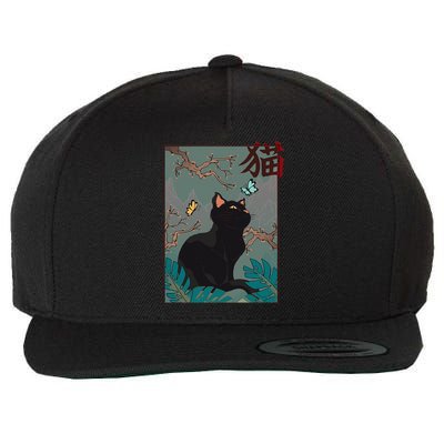 Cherry Blossom Cat Vintage Woodblock Japanese Graphical Art Wool Snapback Cap