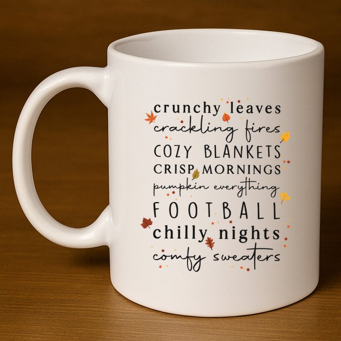 Cozy Blankets Crunchy Leaves Crackling Fires Football 11oz C Handle Ceramic Mug