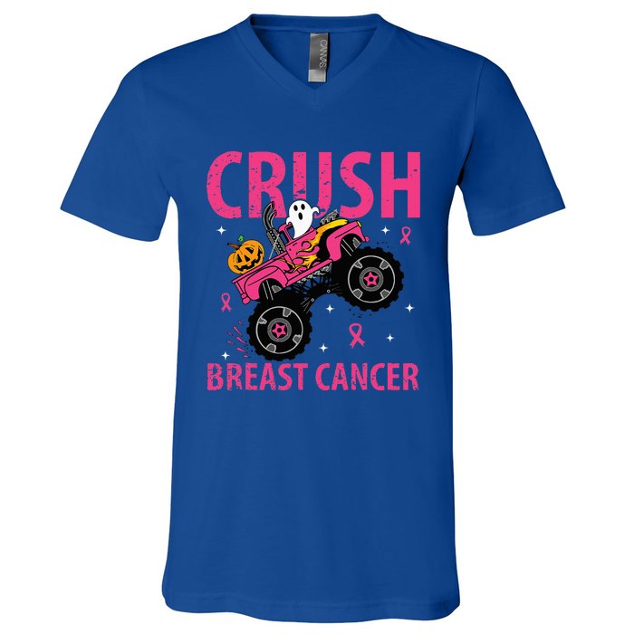 Crush Breast Cancer Awareness Monster Truck Halloween V-Neck T-Shirt