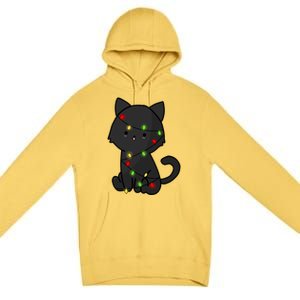 Cute Black Cat With Xmas Lights Love Cats Gift Premium Pullover Hoodie