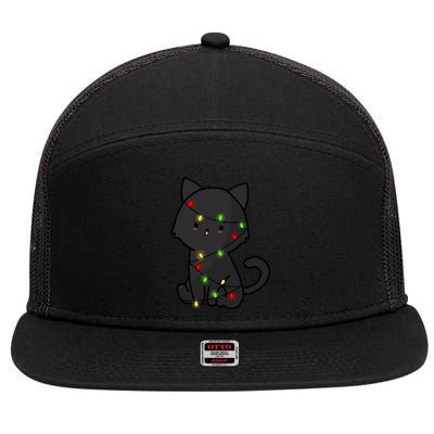 Cute Black Cat With Xmas Lights Love Cats Gift 7 Panel Mesh Trucker Snapback Hat