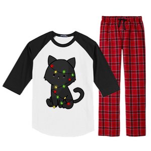 Cute Black Cat With Xmas Lights Love Cats Gift Raglan Sleeve Pajama Set