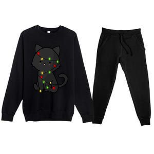 Cute Black Cat With Xmas Lights Love Cats Gift Premium Crewneck Sweatsuit Set