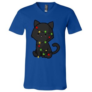 Cute Black Cat With Xmas Lights Love Cats Gift V-Neck T-Shirt