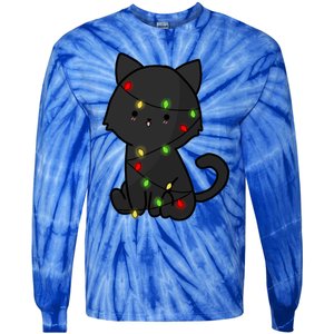 Cute Black Cat With Xmas Lights Love Cats Gift Tie-Dye Long Sleeve Shirt