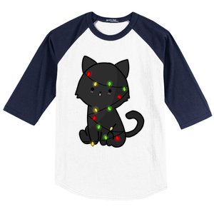 Cute Black Cat With Xmas Lights Love Cats Gift Baseball Sleeve Shirt