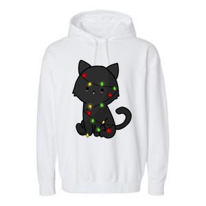 Cute Black Cat With Xmas Lights Love Cats Gift Garment-Dyed Fleece Hoodie