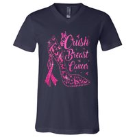 Crush Breast Cancer Awareness Bling Pink Ribbon V-Neck T-Shirt