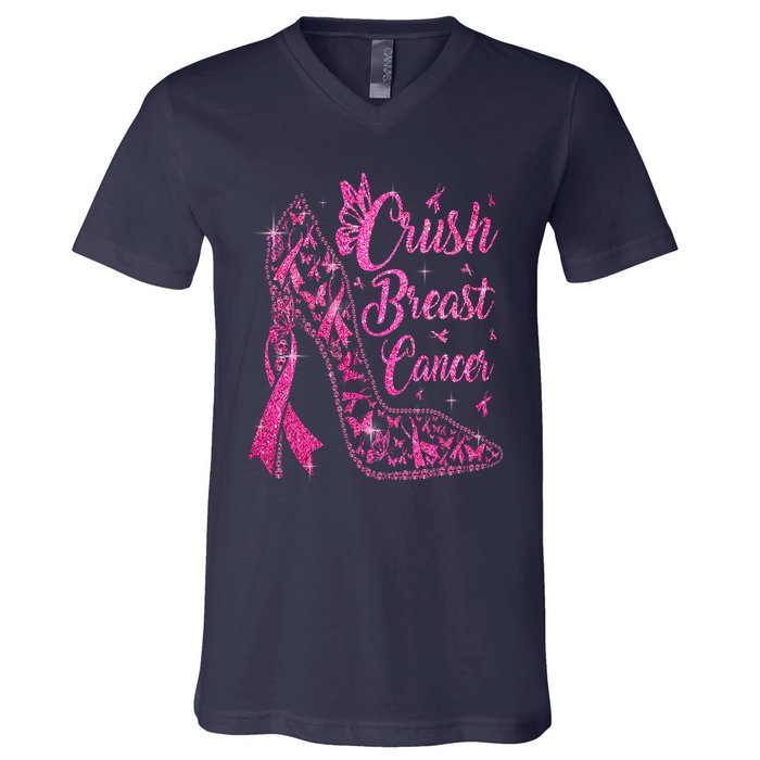 Crush Breast Cancer Awareness Bling Pink Ribbon V-Neck T-Shirt