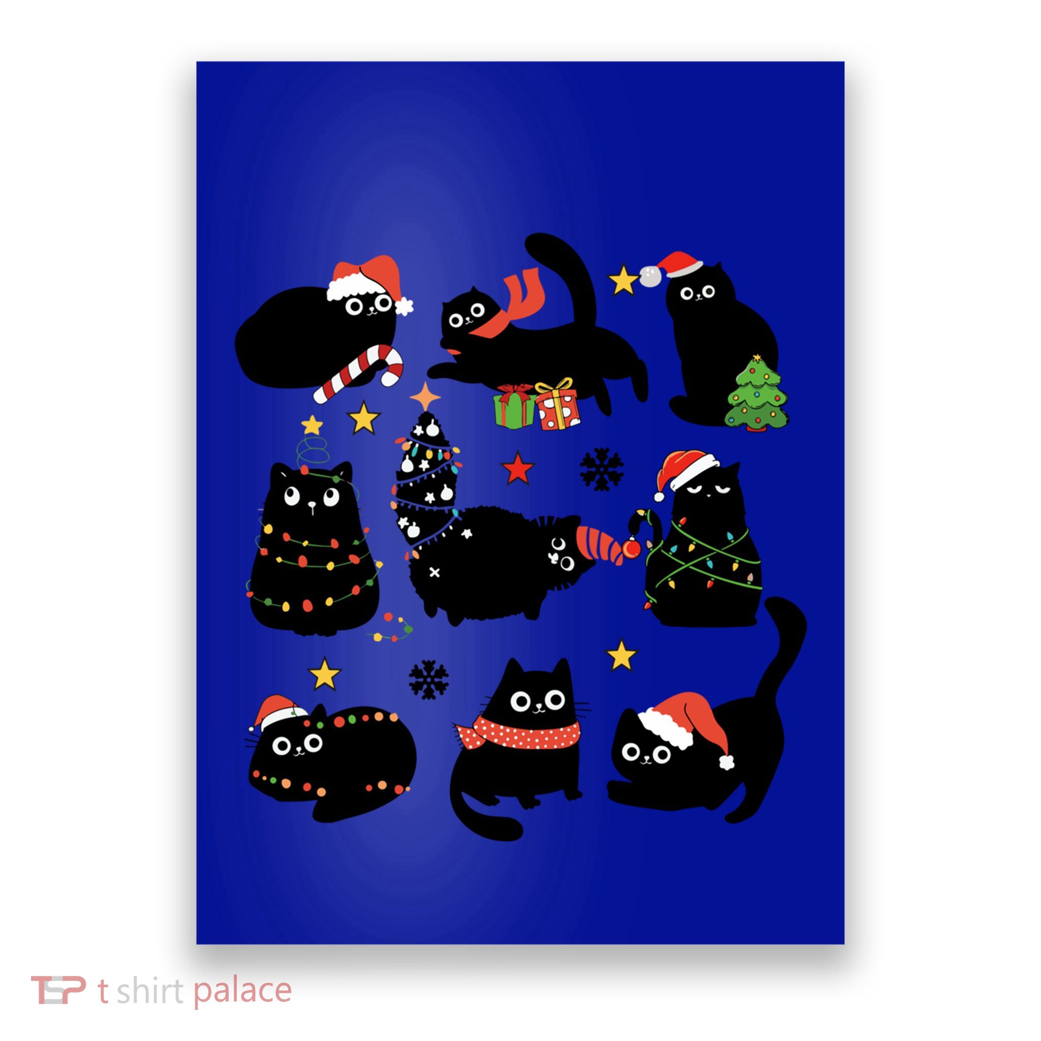 Cute Black Cat Christmas Ornats Lights Xmas Pajamas Gift Poster