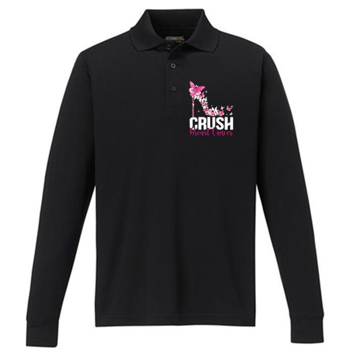 Crush Breast Cancer Awareness Bling Pink Ribbon Performance Long Sleeve Polo