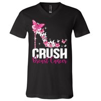 Crush Breast Cancer Awareness Bling Pink Ribbon V-Neck T-Shirt