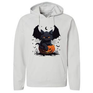 Cute Black Cat With Bat Wings Jack O Lantern Kitty Halloween Performance Fleece Hoodie