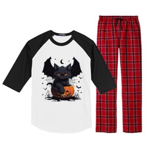 Cute Black Cat With Bat Wings Jack O Lantern Kitty Halloween Raglan Sleeve Pajama Set