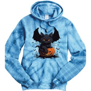 Cute Black Cat With Bat Wings Jack O Lantern Kitty Halloween Tie Dye Hoodie