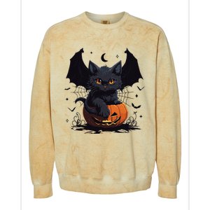 Cute Black Cat With Bat Wings Jack O Lantern Kitty Halloween Colorblast Crewneck Sweatshirt