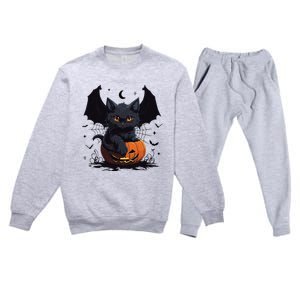 Cute Black Cat With Bat Wings Jack O Lantern Kitty Halloween Premium Crewneck Sweatsuit Set