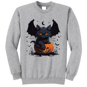 Cute Black Cat With Bat Wings Jack O Lantern Kitty Halloween Tall Sweatshirt