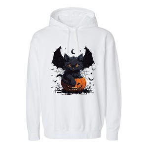 Cute Black Cat With Bat Wings Jack O Lantern Kitty Halloween Garment-Dyed Fleece Hoodie