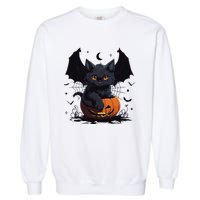 Cute Black Cat With Bat Wings Jack O Lantern Kitty Halloween Garment-Dyed Sweatshirt