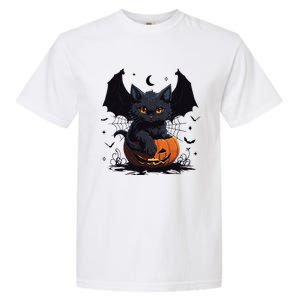 Cute Black Cat With Bat Wings Jack O Lantern Kitty Halloween Garment-Dyed Heavyweight T-Shirt