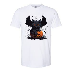 Cute Black Cat With Bat Wings Jack O Lantern Kitty Halloween Softstyle CVC T-Shirt