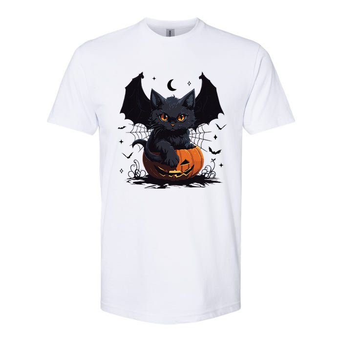 Cute Black Cat With Bat Wings Jack O Lantern Kitty Halloween Softstyle CVC T-Shirt