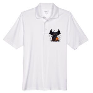 Cute Black Cat With Bat Wings Jack O Lantern Kitty Halloween Men's Origin Performance Pique Polo