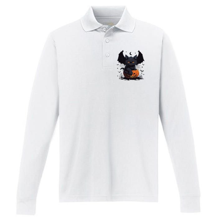 Cute Black Cat With Bat Wings Jack O Lantern Kitty Halloween Performance Long Sleeve Polo