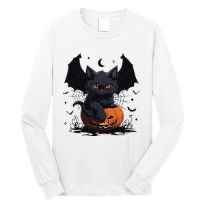 Cute Black Cat With Bat Wings Jack O Lantern Kitty Halloween Long Sleeve Shirt