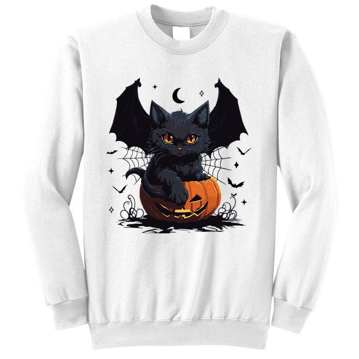 Cute Black Cat With Bat Wings Jack O Lantern Kitty Halloween Sweatshirt