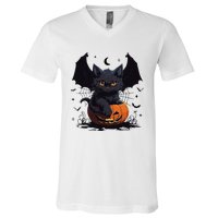 Cute Black Cat With Bat Wings Jack O Lantern Kitty Halloween V-Neck T-Shirt