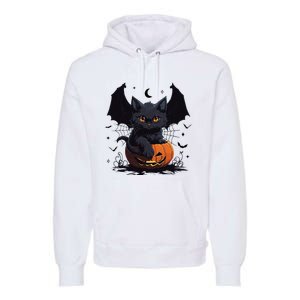 Cute Black Cat With Bat Wings Jack O Lantern Kitty Halloween Premium Hoodie