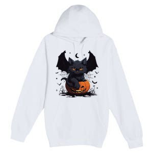 Cute Black Cat With Bat Wings Jack O Lantern Kitty Halloween Premium Pullover Hoodie