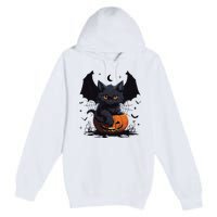 Cute Black Cat With Bat Wings Jack O Lantern Kitty Halloween Premium Pullover Hoodie