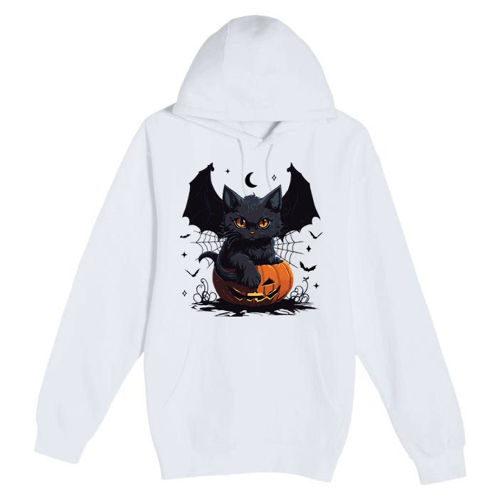 Cute Black Cat With Bat Wings Jack O Lantern Kitty Halloween Premium Pullover Hoodie