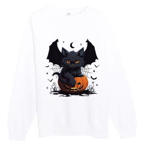 Cute Black Cat With Bat Wings Jack O Lantern Kitty Halloween Premium Crewneck Sweatshirt