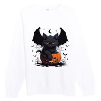 Cute Black Cat With Bat Wings Jack O Lantern Kitty Halloween Premium Crewneck Sweatshirt