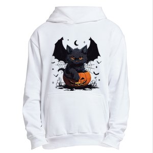 Cute Black Cat With Bat Wings Jack O Lantern Kitty Halloween Urban Pullover Hoodie