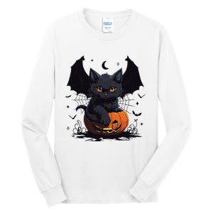 Cute Black Cat With Bat Wings Jack O Lantern Kitty Halloween Tall Long Sleeve T-Shirt