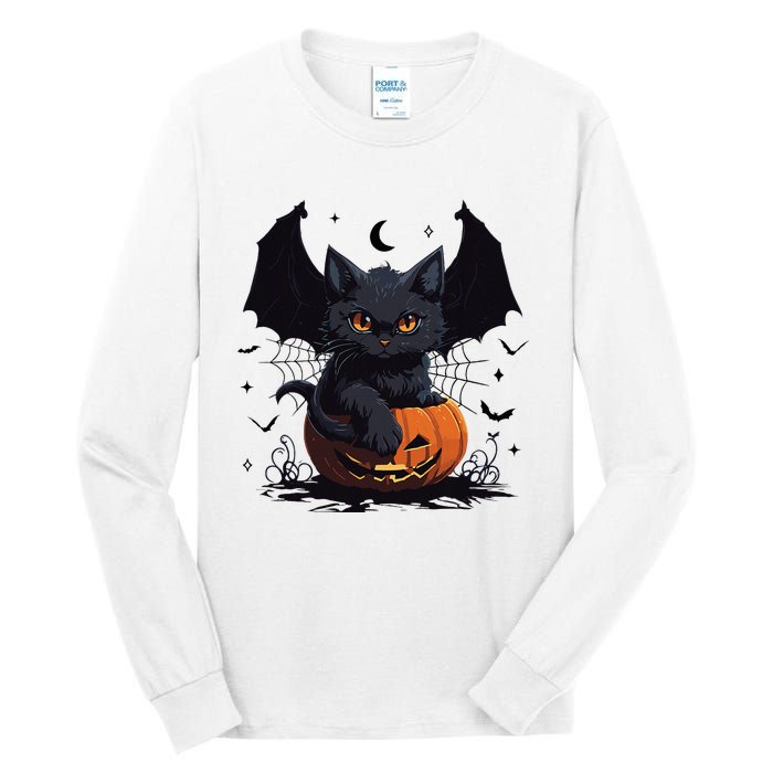 Cute Black Cat With Bat Wings Jack O Lantern Kitty Halloween Tall Long Sleeve T-Shirt